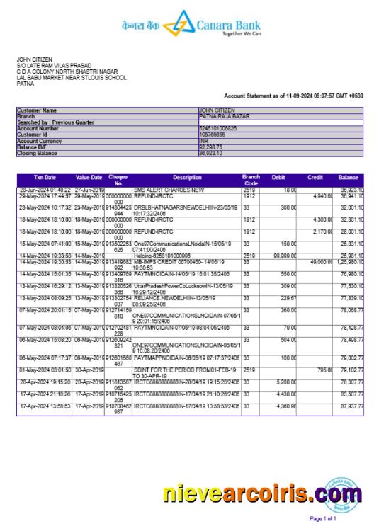 INDIA CANARA bank statement, Word and PDF format, version 2